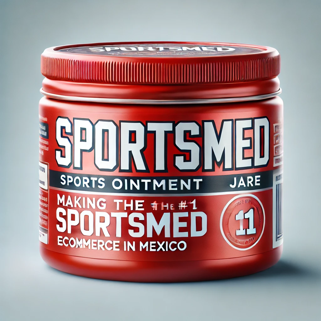 DALL·E 2024-10-21 17.48.11 - A detailed and high-resolution image of a sports ointment jar branded with the name 'Sportsmed'. The jar should feature a bold red color scheme, with